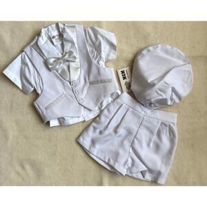 Vintage 90s MGM Kids Fashion 4-Piece Cap Vest Shorts Set Boys 6-9M White Bow